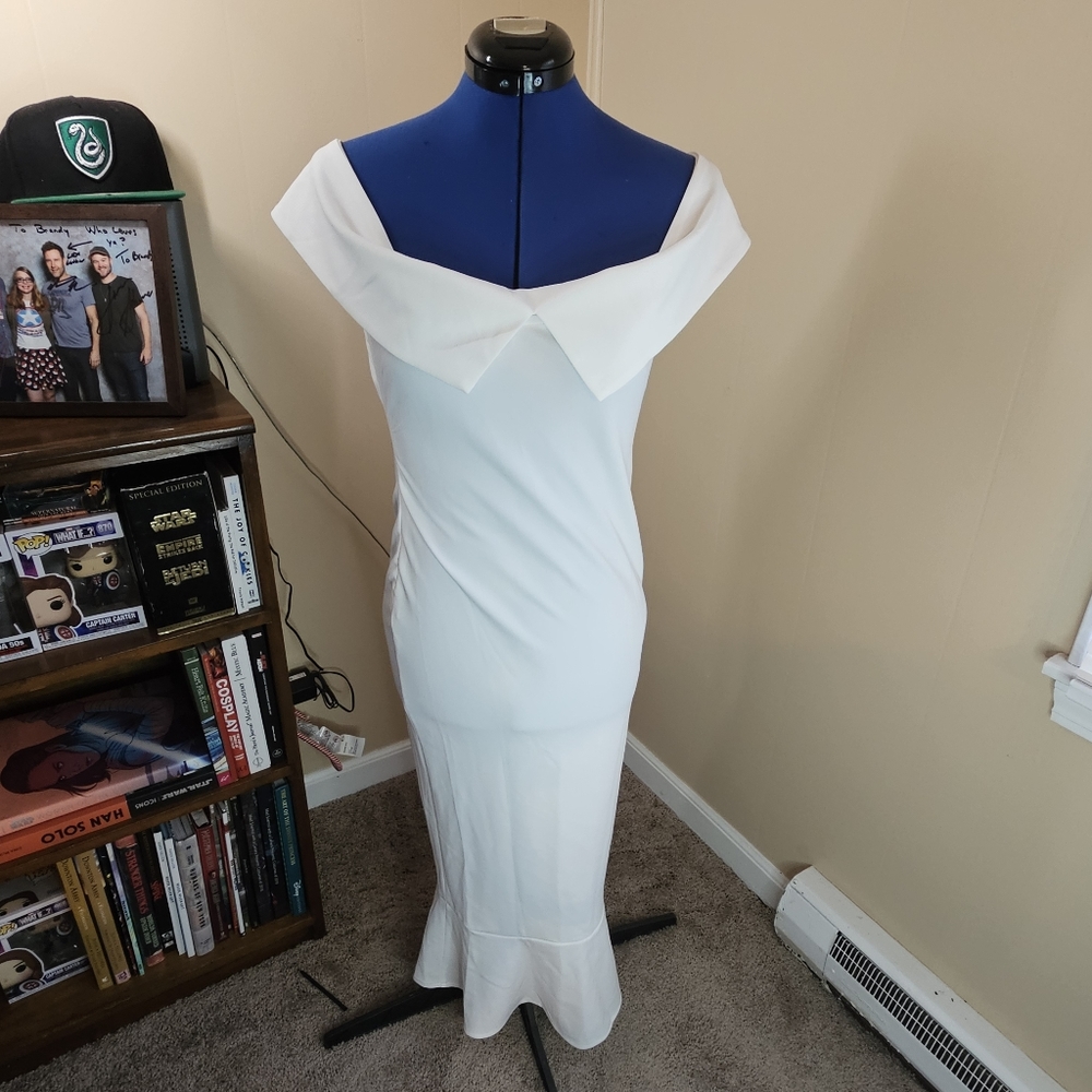 L'Vow White Off The Shoulder Midi Bodycon Cocktail Dress